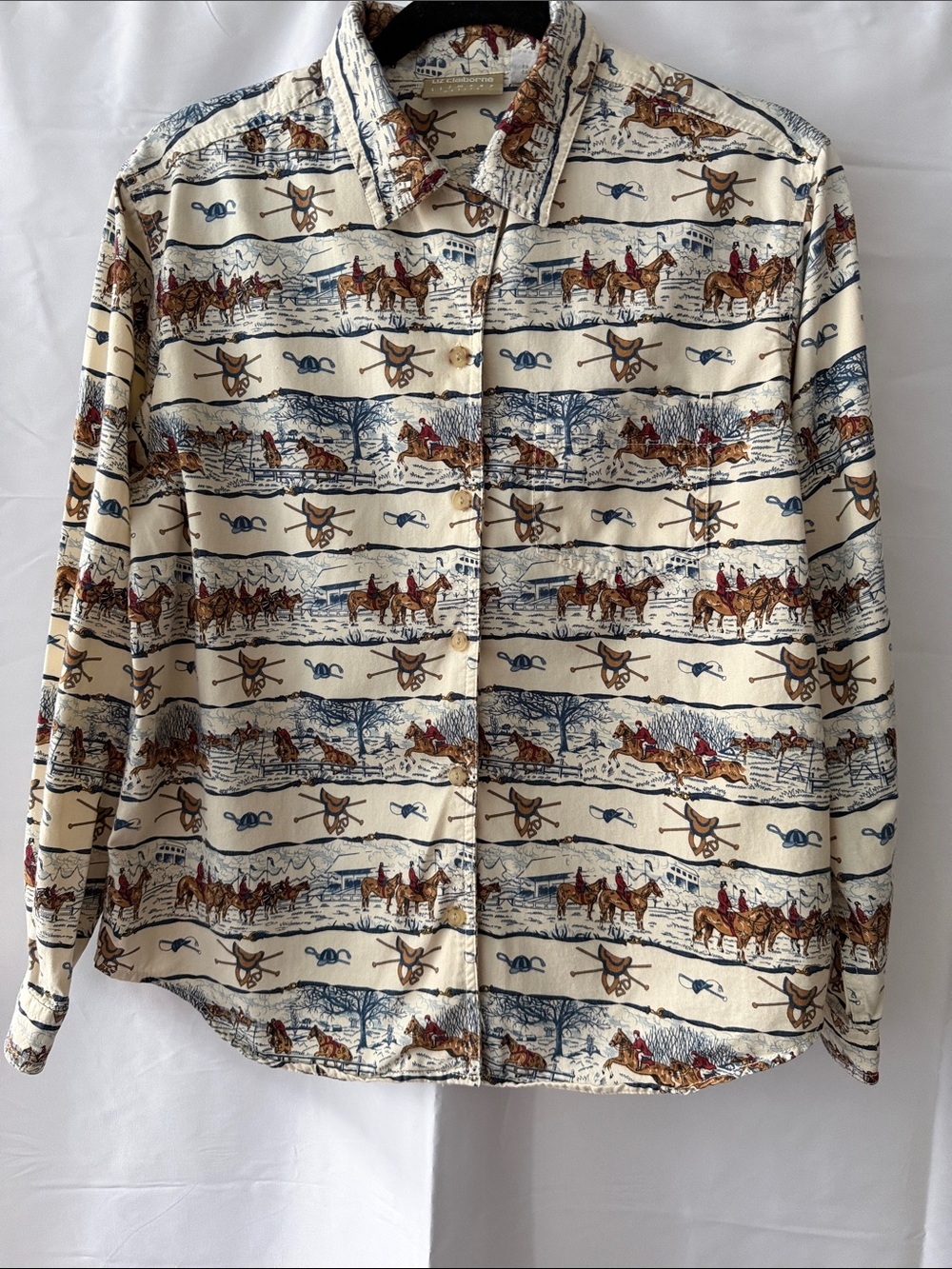 Vintage Liz Claibourne Cream Equestrian Print Button-Up Cotton Shirt Size PM